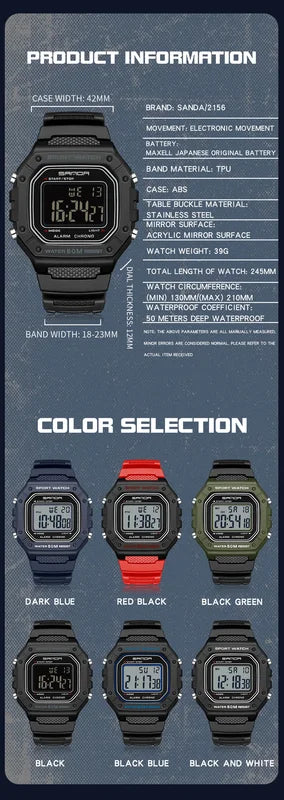 Digital Sports Watch for Men Waterproof Shockproof Military Style Stopwatch