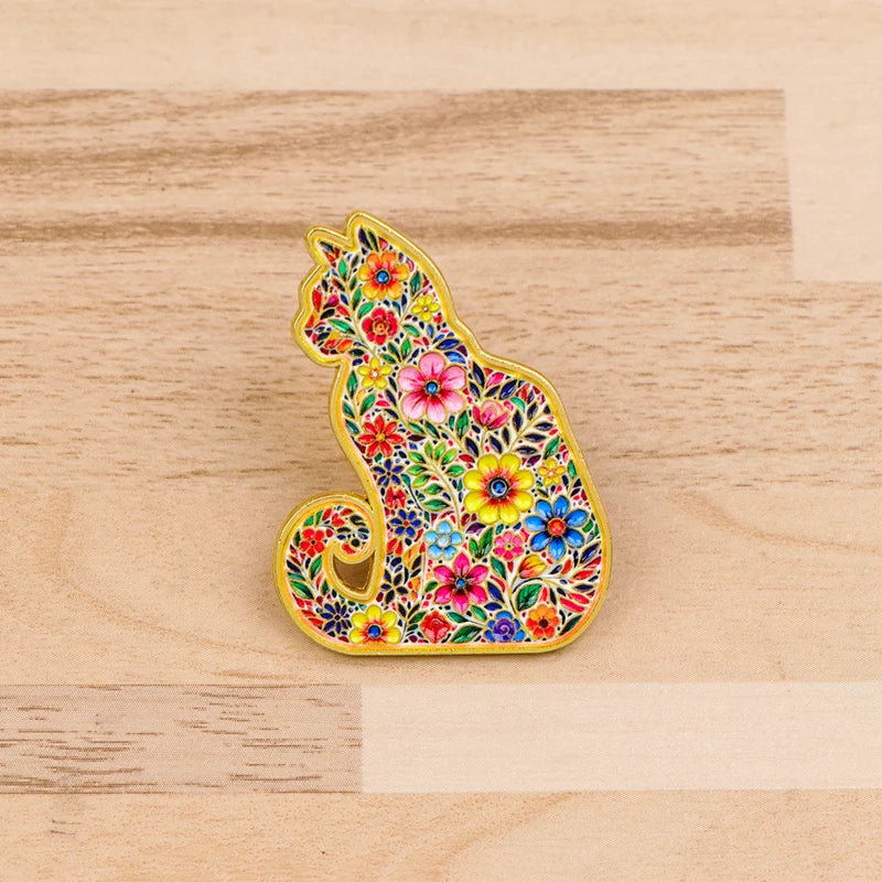 Cute Multi-Style Cat Enamel Pins with Leopard Floral Design - Lapel Brooches for Pet Lovers