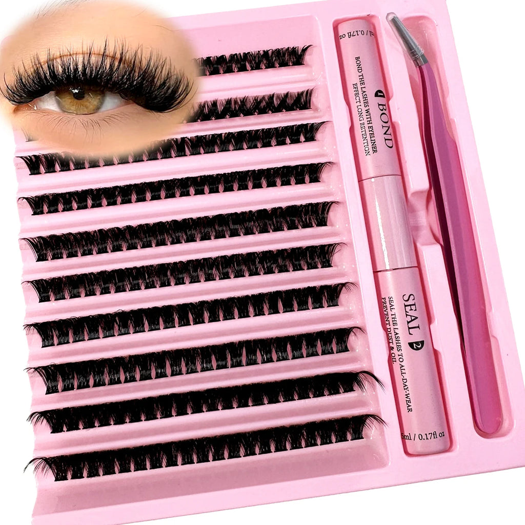 False Eyelash Extension Kit with Lash Bond & Seal Remover 200 Clusters Makeup Tools