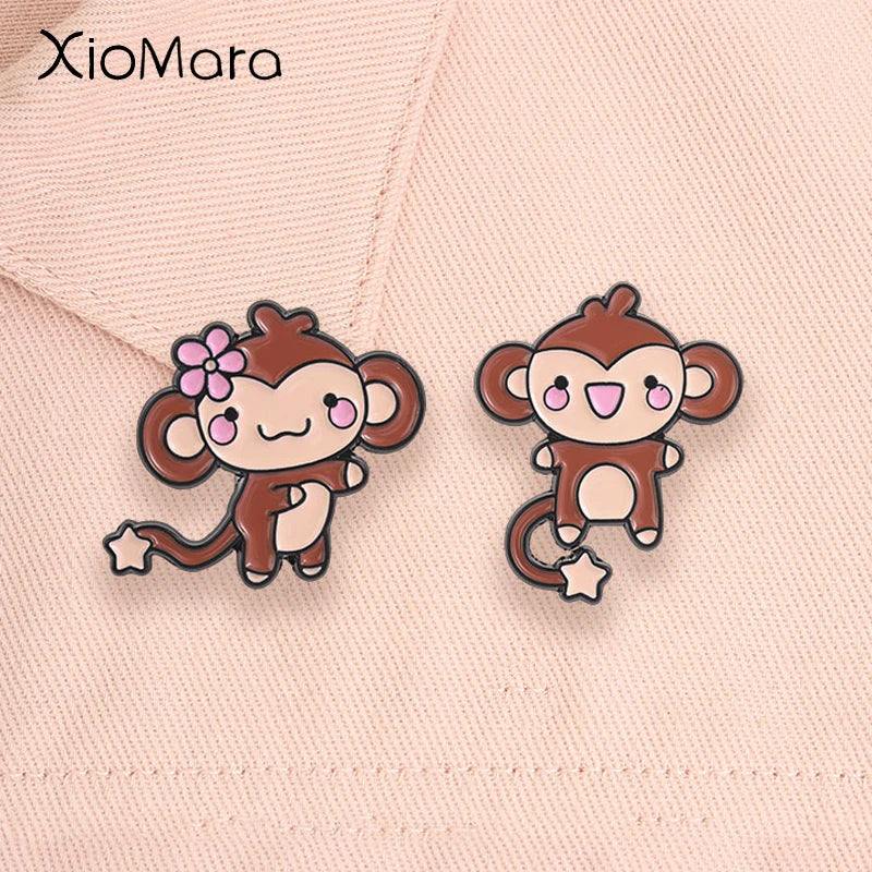 Cute Monkey Enamel Pin Cartoon Star Tail Ape Floral Animal Brooch Jewelry Gift