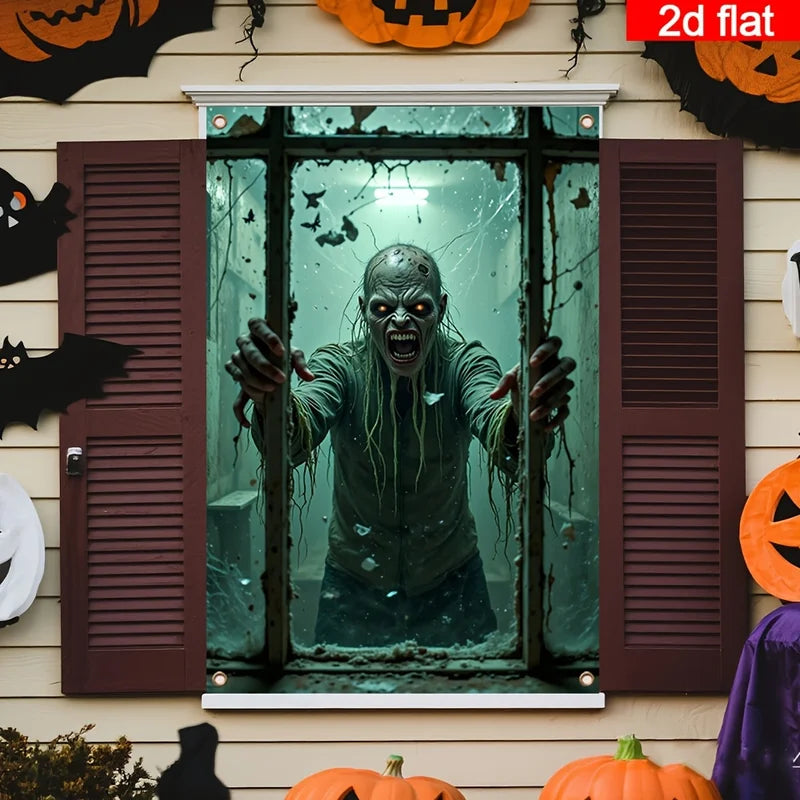 Halloween Window Banner with Zombie Hands & Cracked Glass Design - Polyester Decoration