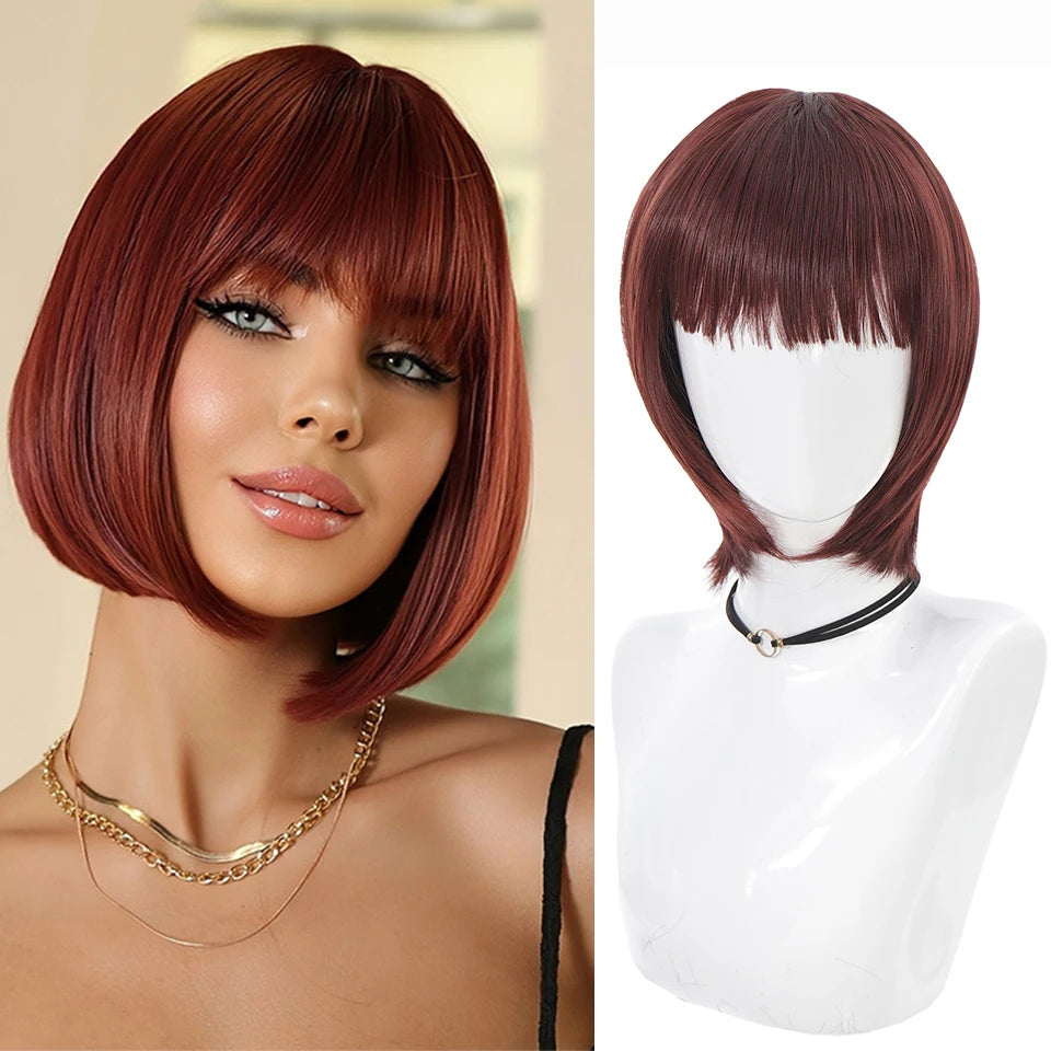 Short Straight Bob Wig for Women Synthetic Hair with Fringe - High Temp Silk Style