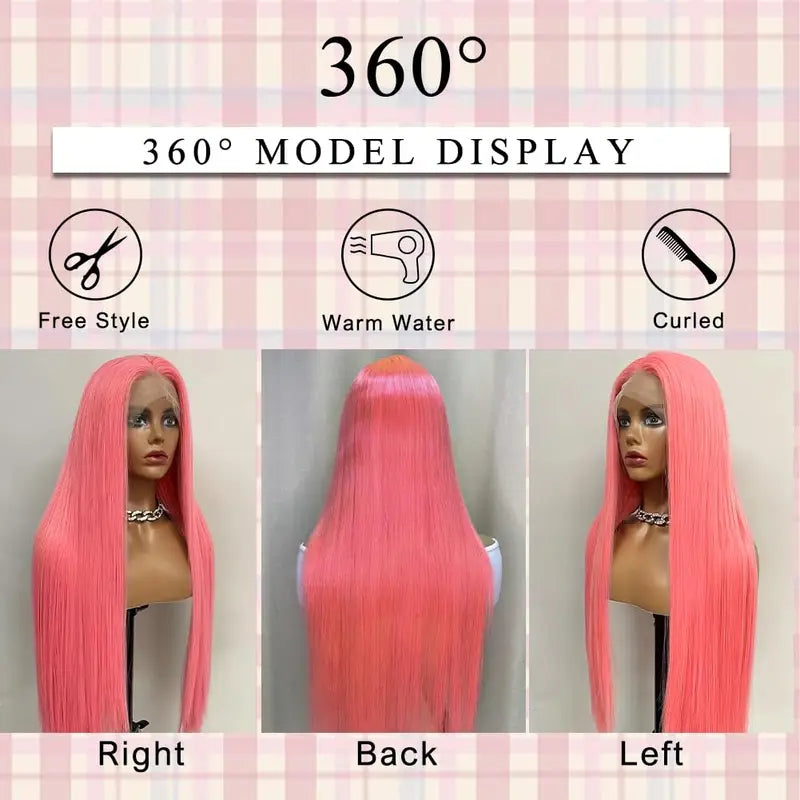 Pink Lace Front Wig 30 Inch Human Hair with Pre-Plucked Natural Hairline