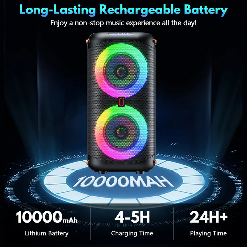 Wireless Bluetooth Karaoke Speaker with 2 Microphones, LED Lights, TWS Stereo, 24H Battery