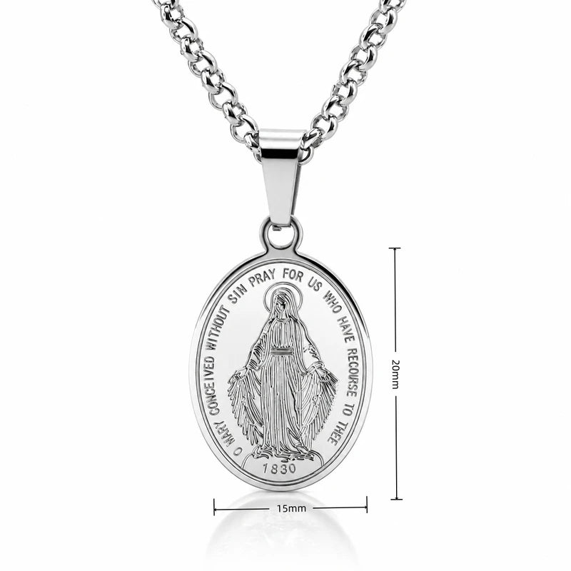 Mini Catholic Our Lady of Miraculous Medal Necklace - Stainless Steel Virgin Mary Pendant, Protection Amulet