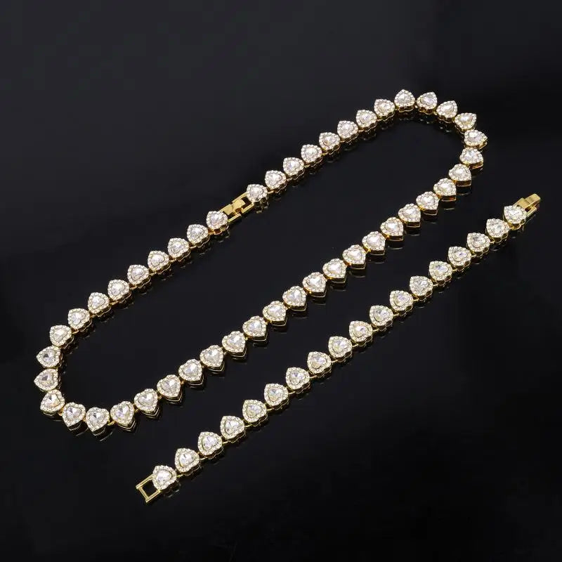 45cm Hip Hop Heart Rhinestone CZ Chain Necklace & Bracelet Jewelry Set