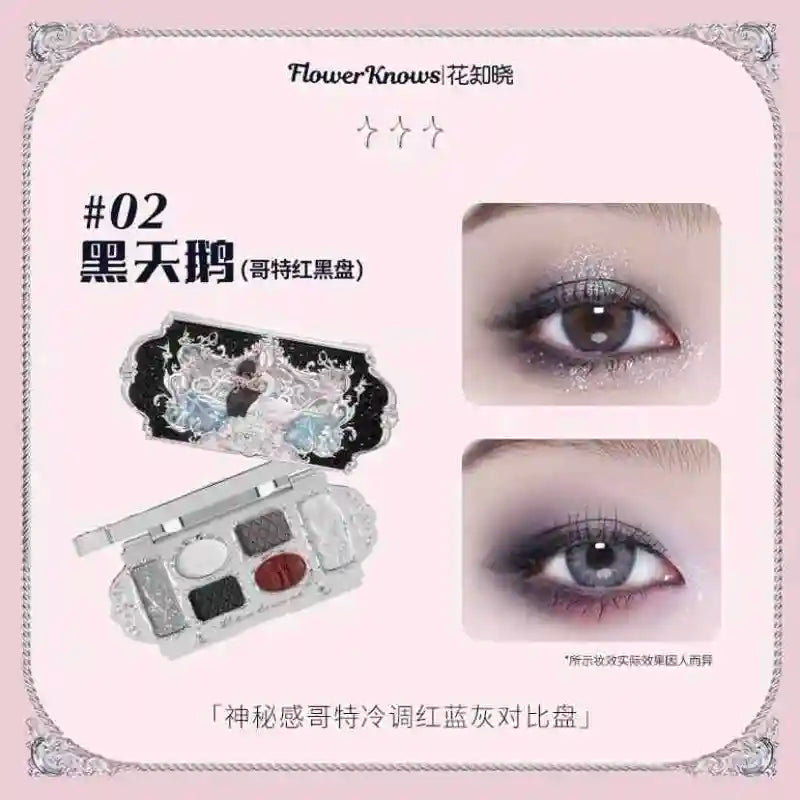 Flower Knows Black Swan Ballet Eye Shadow Palette 6 Colors Matte Shimmer Glitter