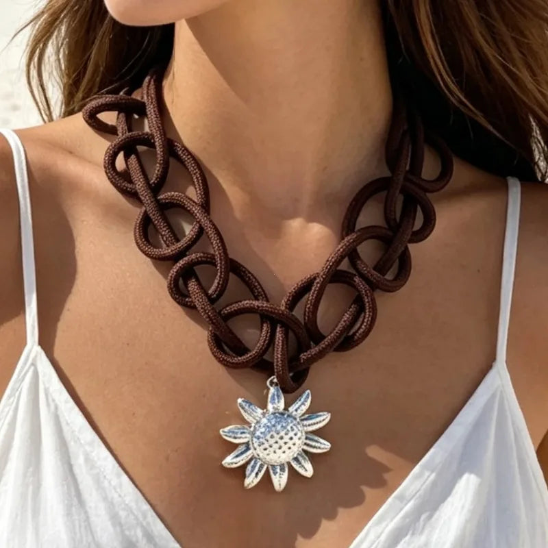 Boho Chunky Woven Rope Chain Necklace with Shell Pendant for Women