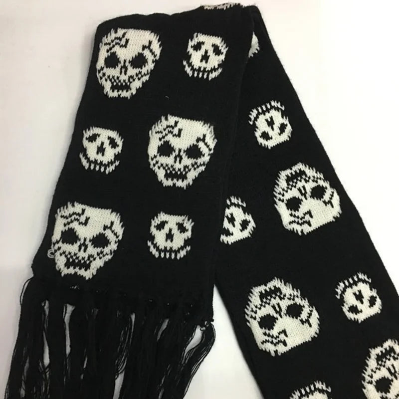 Gothic Halloween Skull Scarf for Women Men - Dark Knit Wrap with Tassels and Fringes