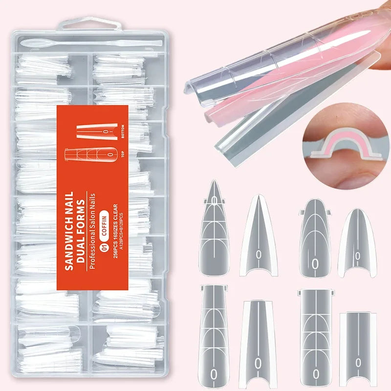 Reusable Gel Nail Extension Forms Set - Coffin & Almond Shapes, 16 Sizes, 256 Pieces