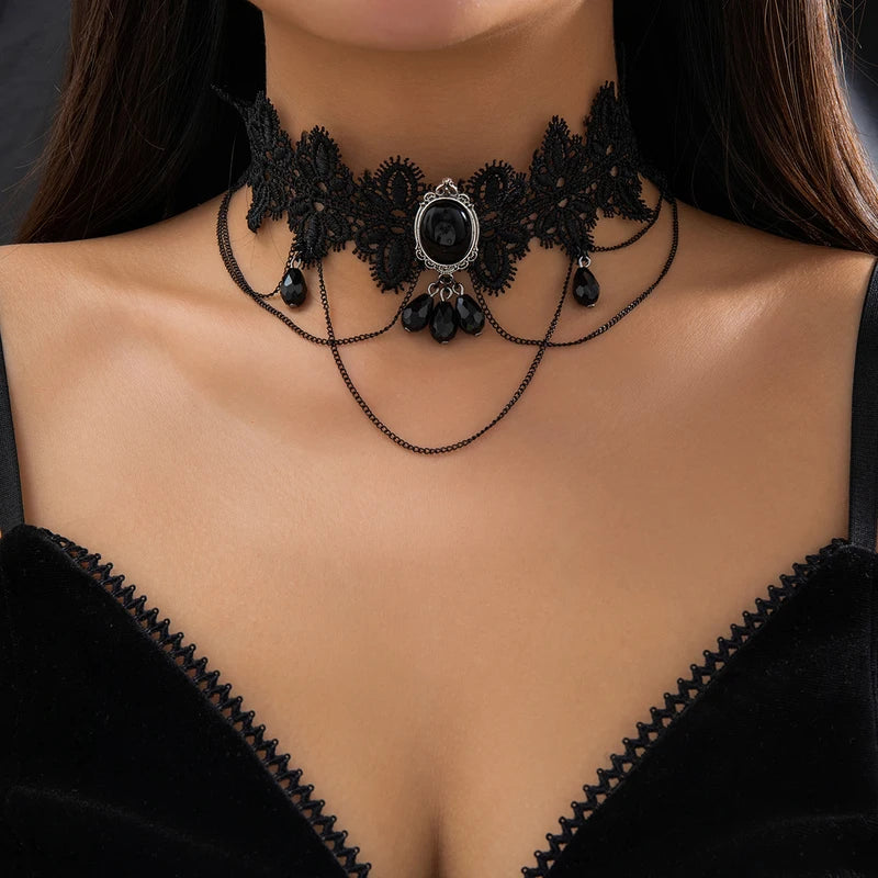 Gothic Black Lace Rope Chain Necklace with Crystal Beads and Geometric Charm - Girls Women Party Jewelry
