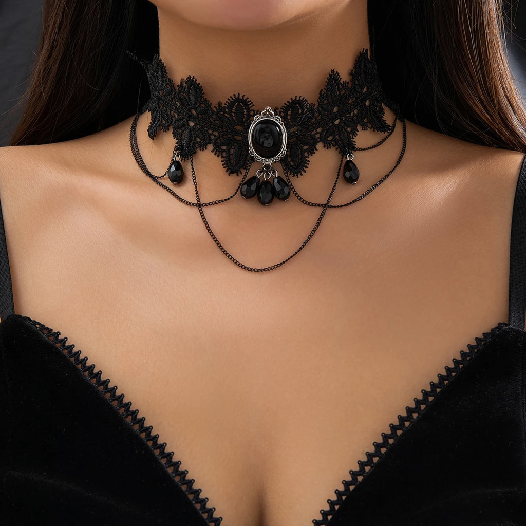 Gothic Black Lace Rope Chain Necklace with Crystal Beads and Geometric Charm - Girls Women Party Jewelry