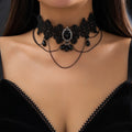 Gothic Black Lace Rope Chain Necklace with Crystal Beads and Geometric Charm - Girls Women Party Jewelry