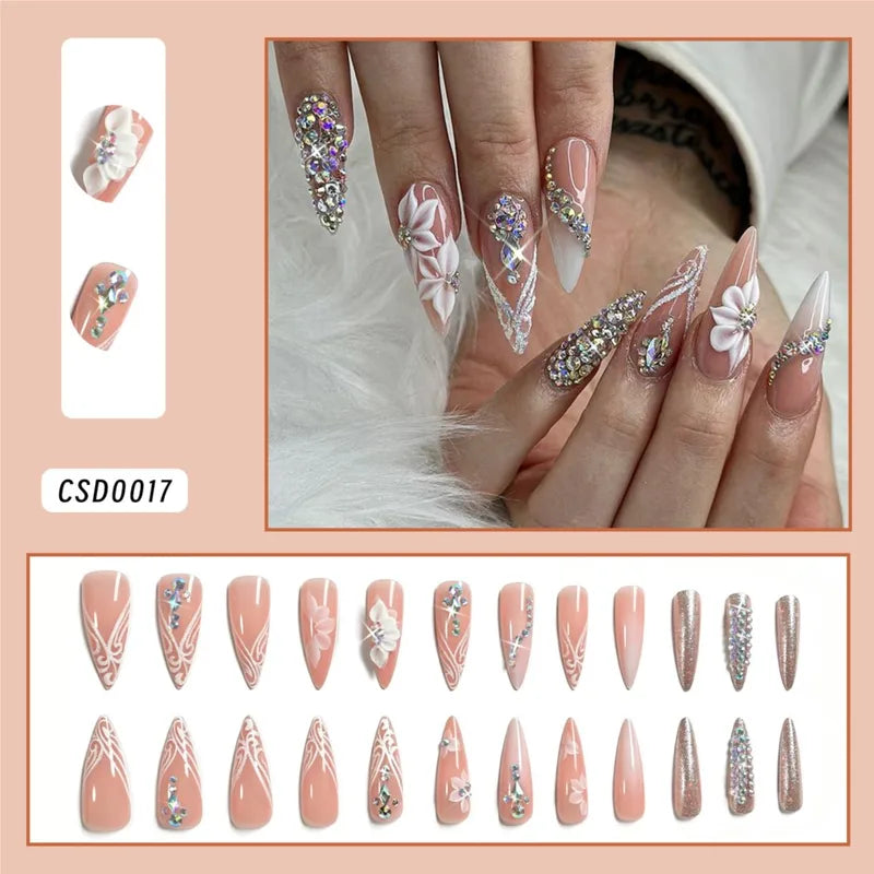 24Pcs Long Stiletto Fake Nails with Rhinestones & Gradient Finish — Full Cover French Style Press On Nails
