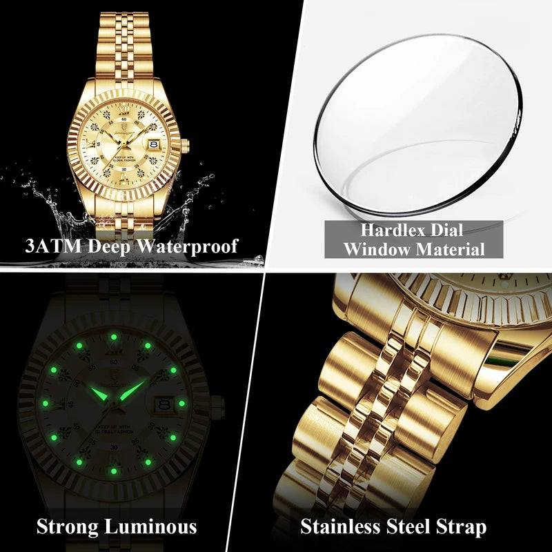 Women's Waterproof Luminous Date Stainless Steel Quartz Wristwatch - Elegant Ladies Watch