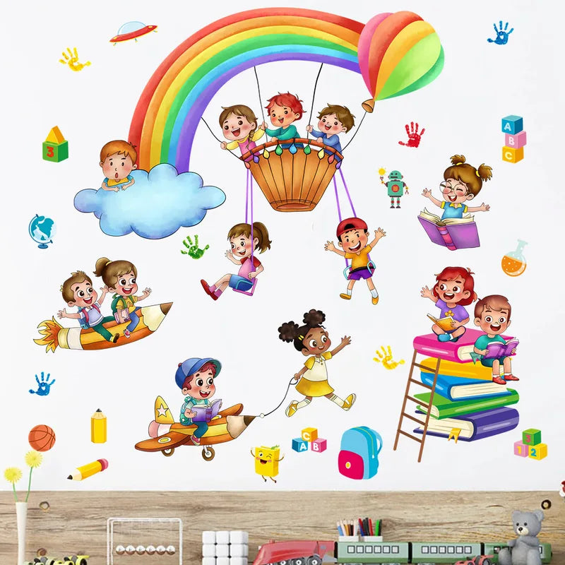 Rainbow Hot Air Balloon Wall Stickers for Baby & Kids Rooms - Amusement Park Theme