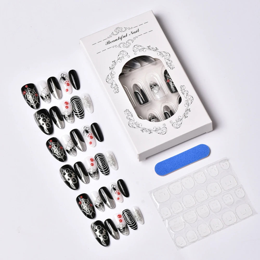 30PCS Halloween Spider Web False Nails French Tips Medium Almond for Women