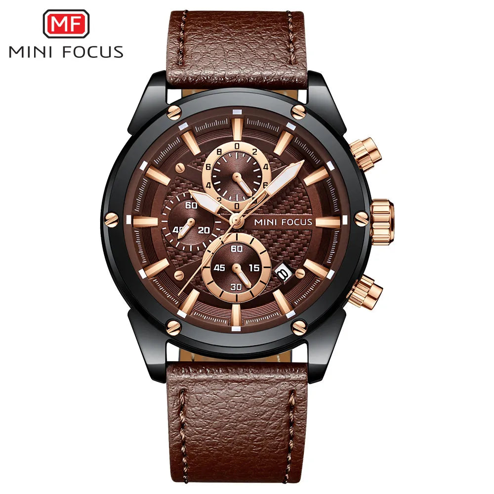 Mini Focus Business Quartz Watch for Men Waterproof Luminous Chronograph Leather Strap