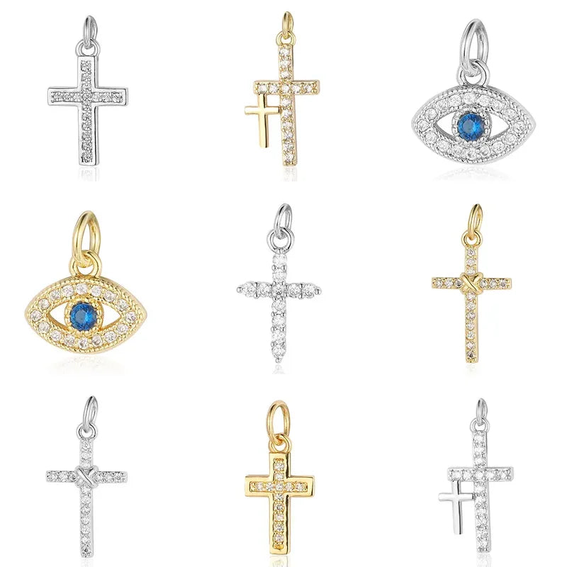 5-Piece Religious Evil Eye Jewelry Pendant Set - Copper Zircon Cross & Bear Charms for DIY Necklace & Earring Making