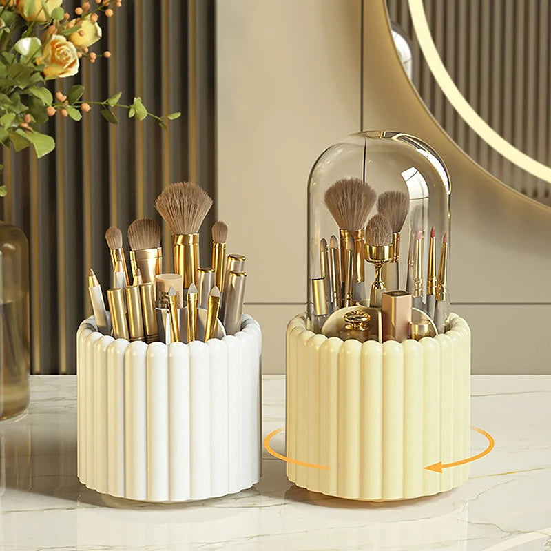 Rotating Makeup Brush Holder with Lid - Cosmetic Storage Organizer for Brushes, Lipsticks, Eyeliners