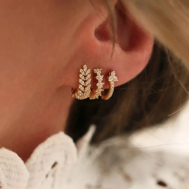 Sparkling Crystal Zircon Wheat Hoop Earrings Stainless Steel Gold Color Jewelry