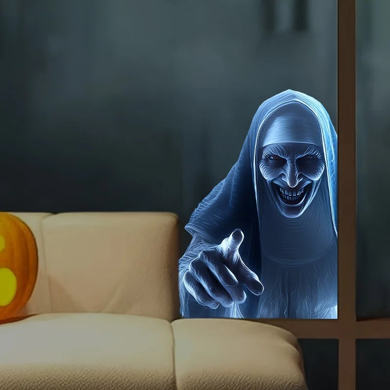 Halloween Zombie Nun Window Stickers - Evil Smile Vinyl Decals for Indoor Party Decor