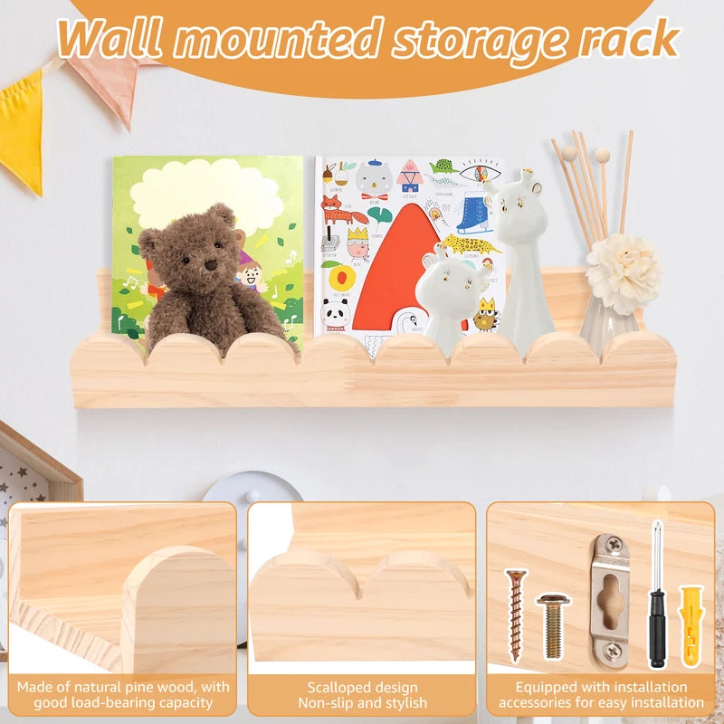 Wooden Floating Wall Shelves with Hooks - Nursery and Living Room Storage Organizer