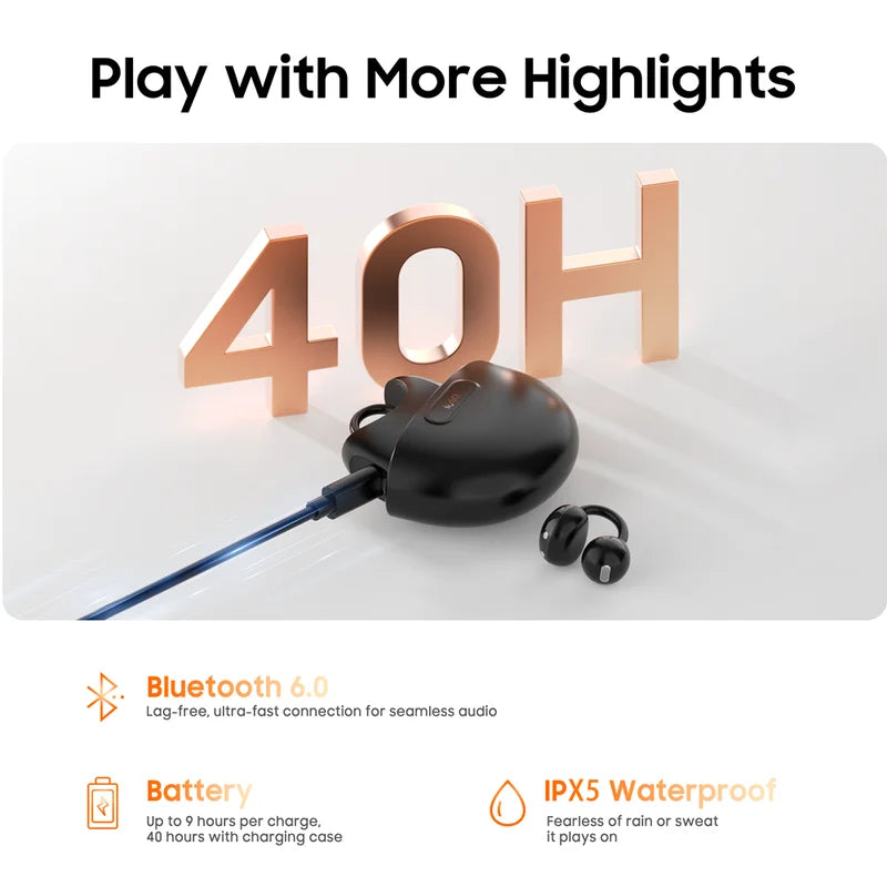 Open Ear Clip-On Sports Earbuds Wireless Bluetooth 6.0 Waterproof Headphones