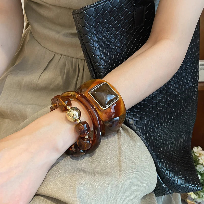 Vintage Resin Wide Bangles Set for Women Men Boho Chunky Wrist Jewelry