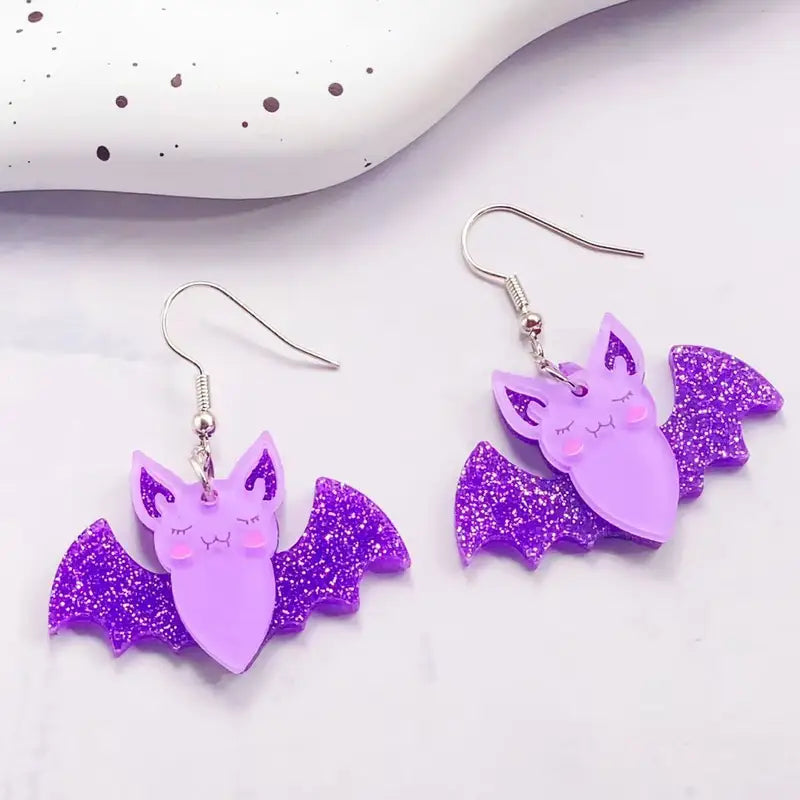 Halloween Bat Earrings - Glittery Acrylic Sequin Studs, Spliced Design, Multiple Colors