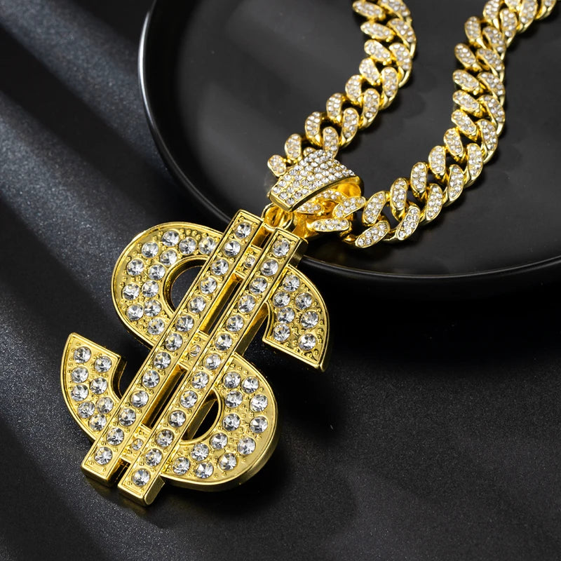 Hip Hop Dollar Pendant Necklace with Cuban Chain - Money Sign Jewelry for Men
