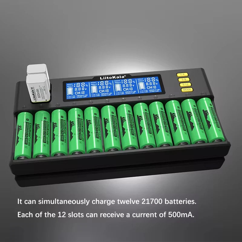Universal 14-Slot Smart Battery Charger for Li-ion, Ni-MH, LiFePO4, 9V Batteries
