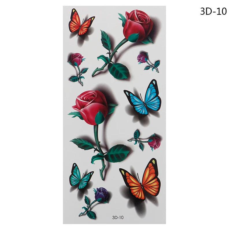 Temporary Tattoo Sticker Set for Women - Waterproof 3D Butterfly Rose Feather Body Art