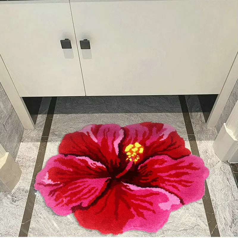 Red Hibiscus Plush Tufted Carpet Floor Mat - Bathroom, Living Room & Bedroom Decor