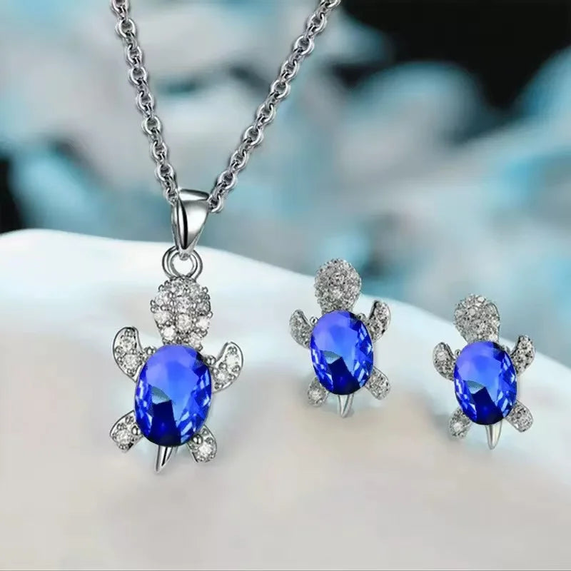 Luxury Turtle-Shaped Multi-Color Glass Diamond Women's Necklace Pendant & Earrings Set