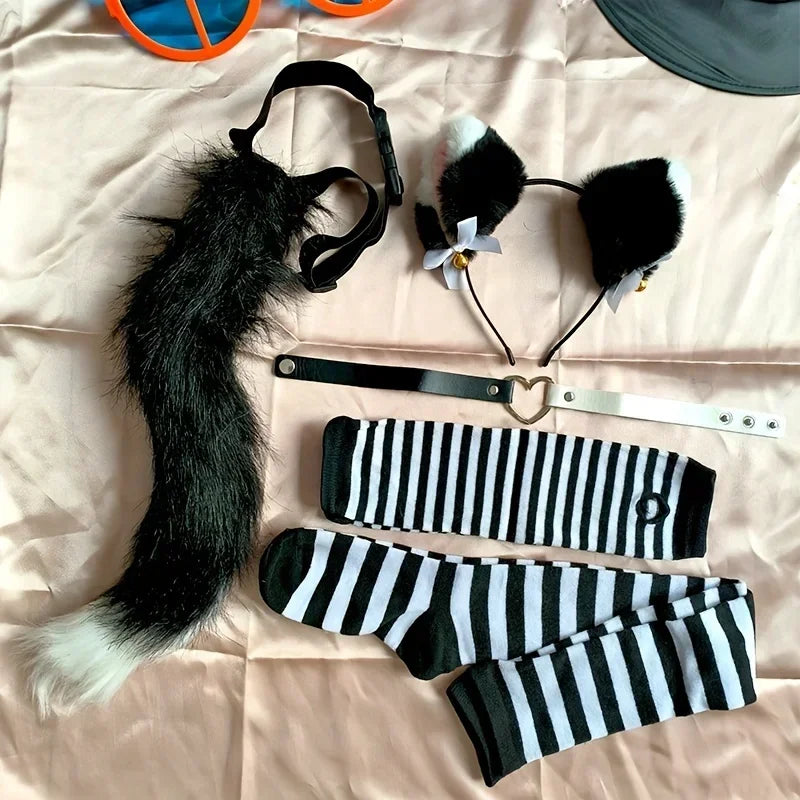 Role Playing Costume Set with Stripes Furry Tail Gloves Socks for Halloween