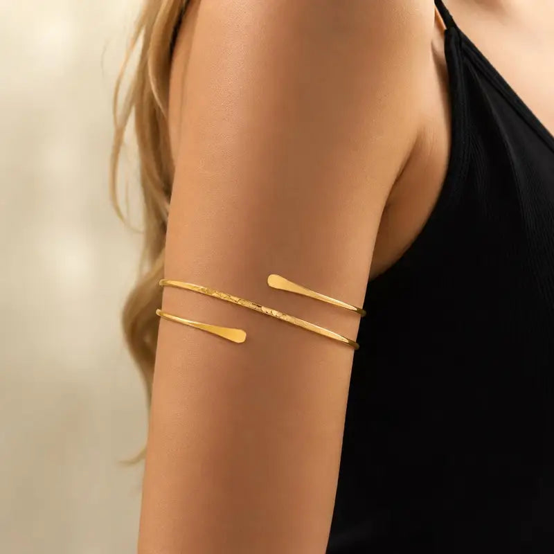 Minimalist Gold Plated Upper Arm Cuff Bracelet for Women - Adjustable Statement Jewelry