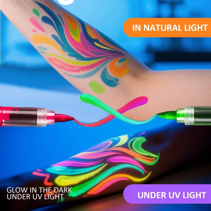 UV Neon Face & Body Paint Markers Set - Glow in The Dark Fluorescent Art Pens for Halloween Festivals and Parties
