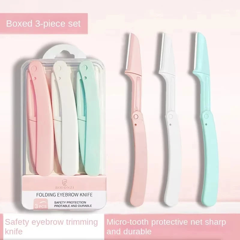 Unisex 3-Piece Folding Facial Shaver Eyebrow Trimmer Makeup Tool Set