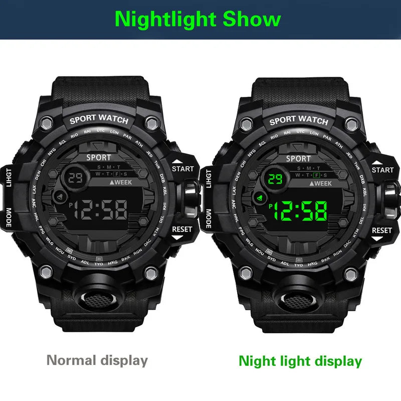 Digital Sports Waterproof Men's Wristwatch with Large Dial and Multifunctional Features