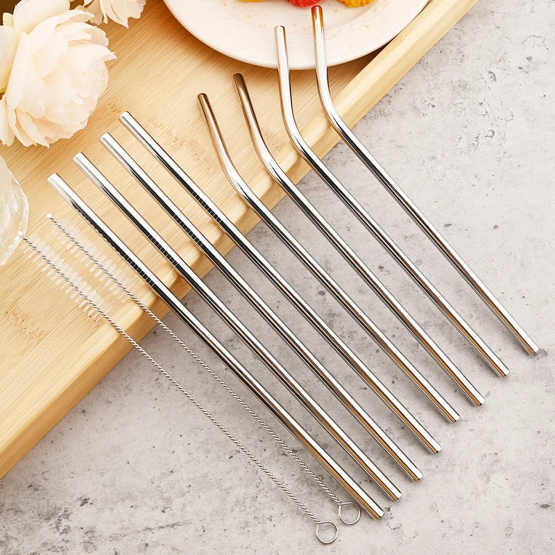 Reusable Stainless Steel Drinking Straws Set - 4/8 Pieces with Cleaning Brush