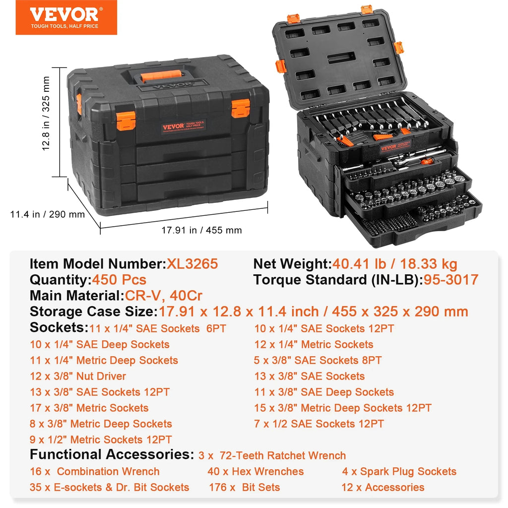 Professional Mechanics Tool Set with 450 Pcs Socket & Wrench Kit - SAE & Metric