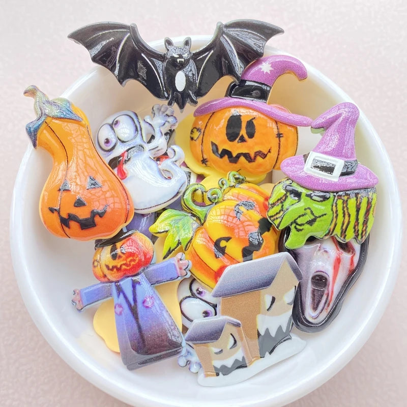 Colorful Halloween Pumpkin Ghost Bat Resin Scrapbook DIY Jewelry Hairpin Decor Set - 10 Pieces
