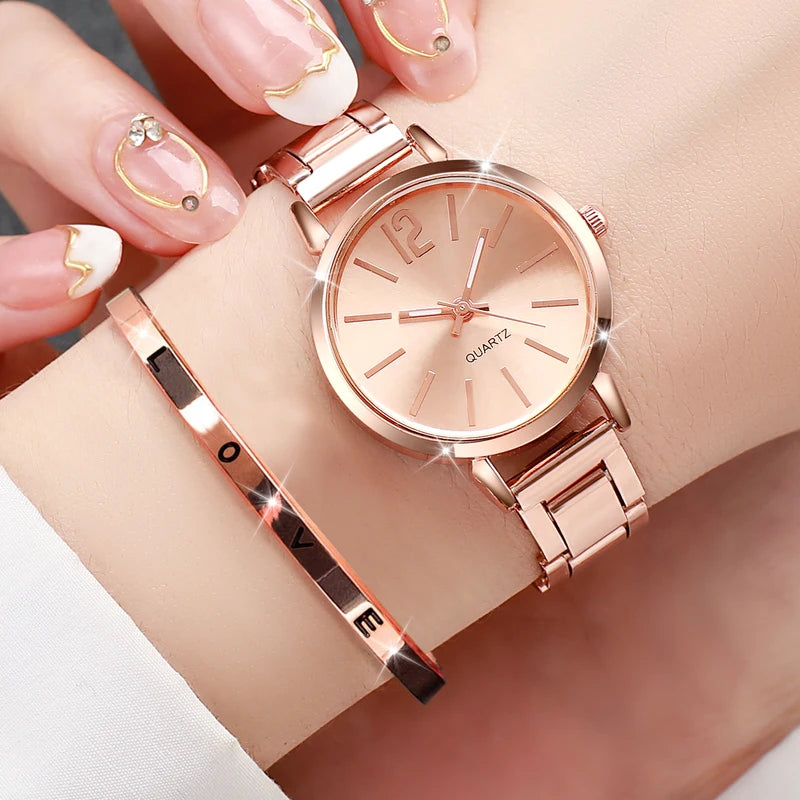 2-Pack Women's Quartz Wrist Watches with Steel Band and Cuff Bracelet Set - Multiple Colors