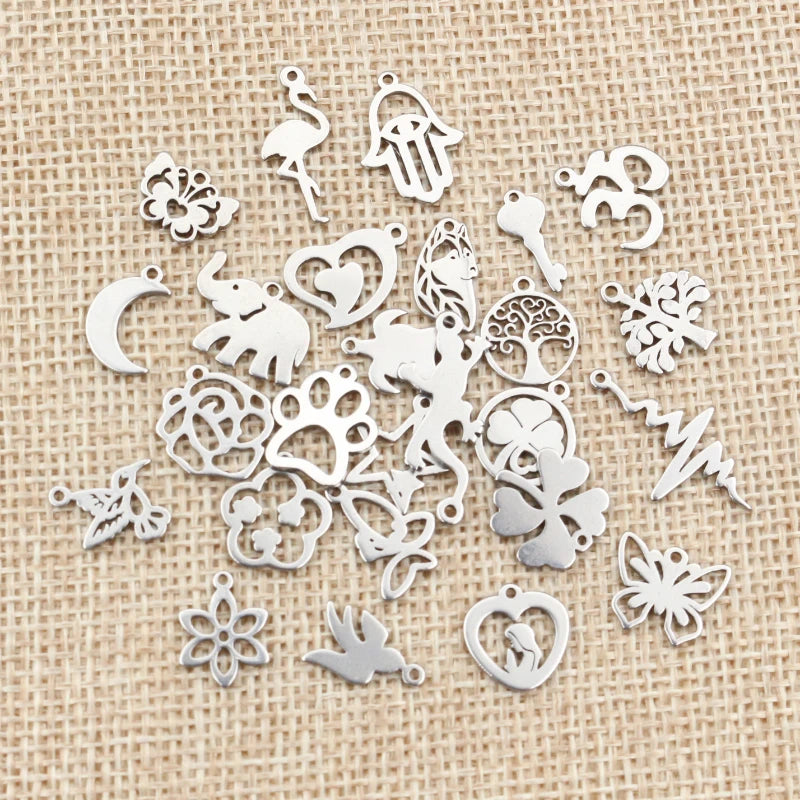 30pcs Stainless Steel Charms for Jewelry Making - Elephant Moon Star Heart Pendants