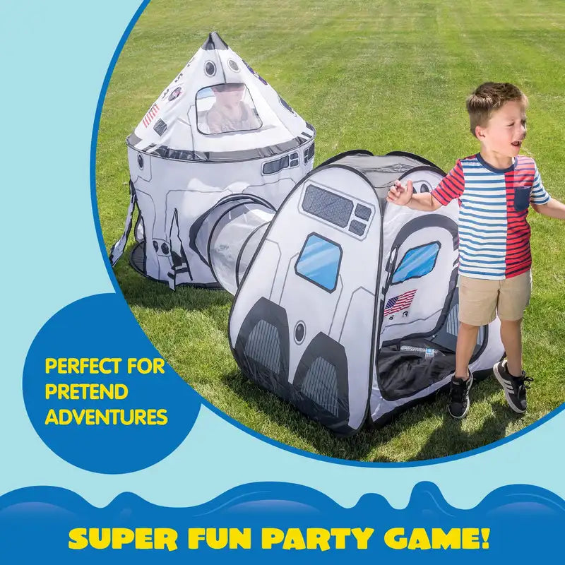 Kids Rocket Ship Play Tent Set with Tunnel - Indoor Outdoor Pretend Play