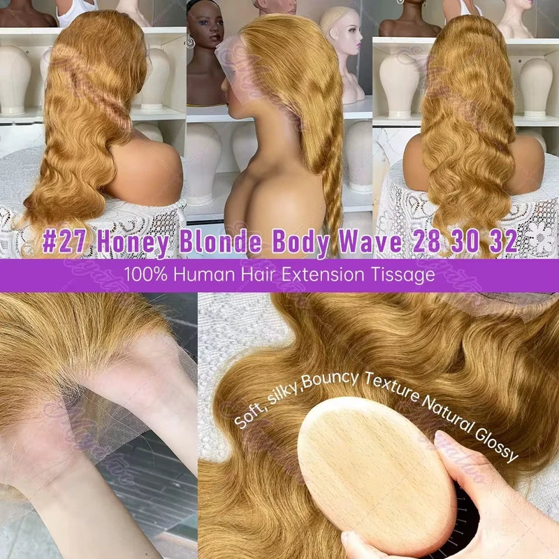 Honey Blonde 27-Inch Body Wave Lace Front Wig with HD Transparent Lace, Pre-Plucked, Bleached Knots, 250 Density, Brazilian Human Hair