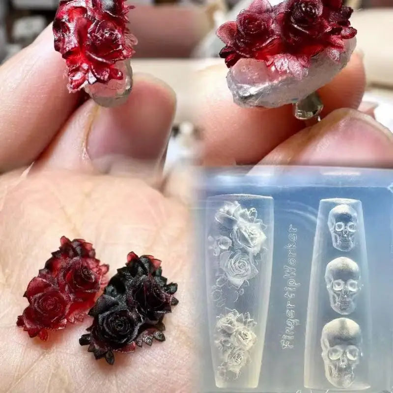 Silicone Nail Art Mold Skull Rose Flower Skeleton Hand Design DIY Craft Tool