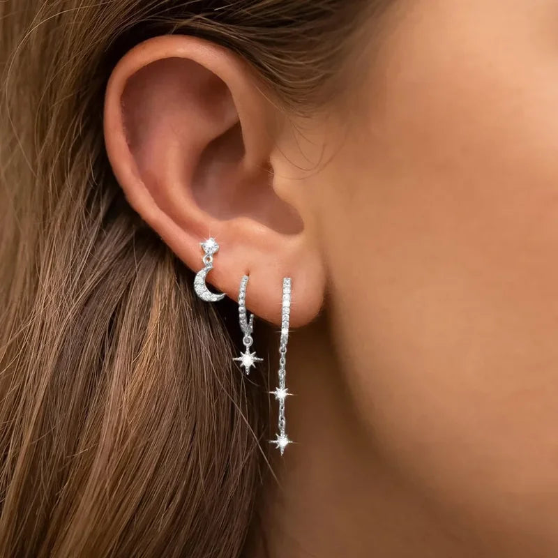 3-Pack Gold Color Stainless Steel Moon Star Zircon Stud Earrings for Women Jewelry Set