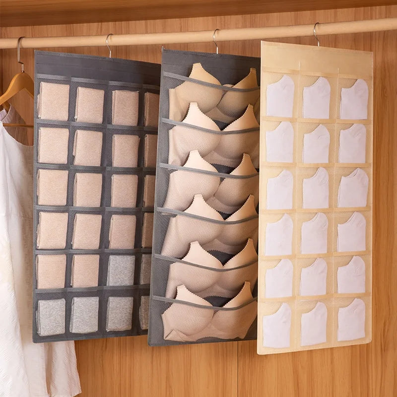 Foldable Double-Sided Hanging Storage Bag with Mesh Pockets for Underwear Socks